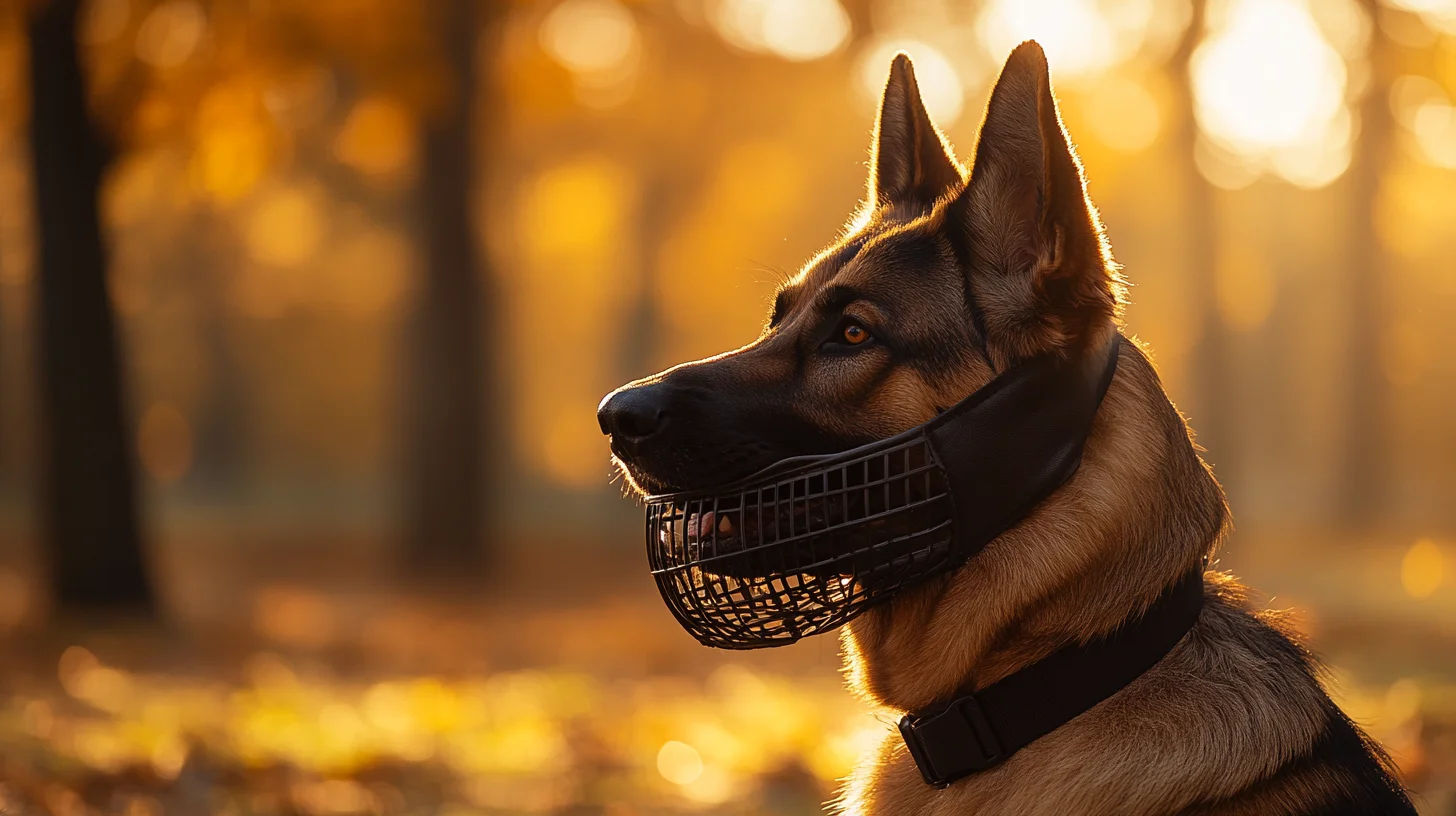 Muzzled dog being photographed at a South Shore Massachusetts portrait session