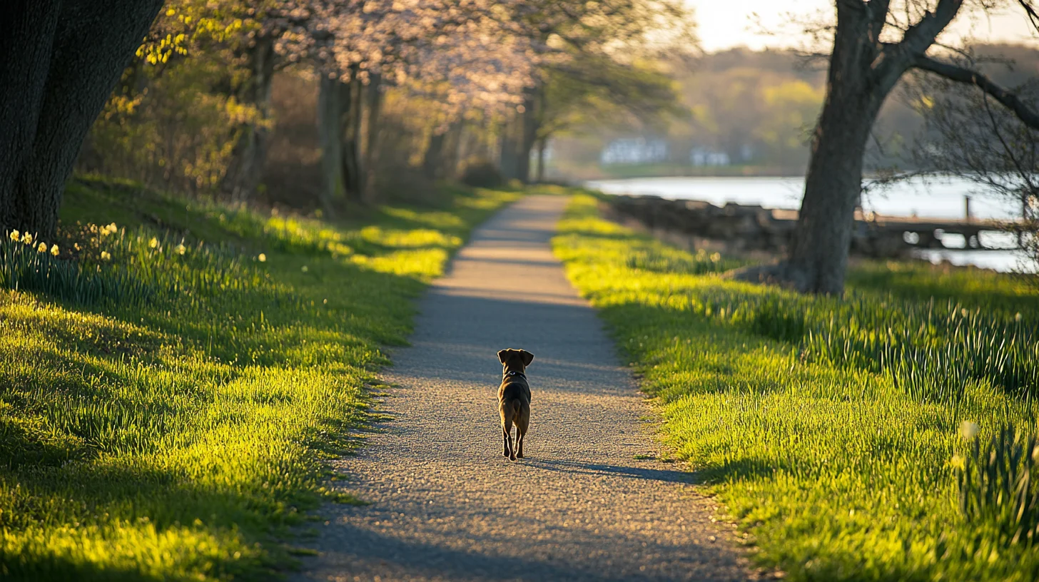 Dog in spring meadow at World's End in Hingham, MA