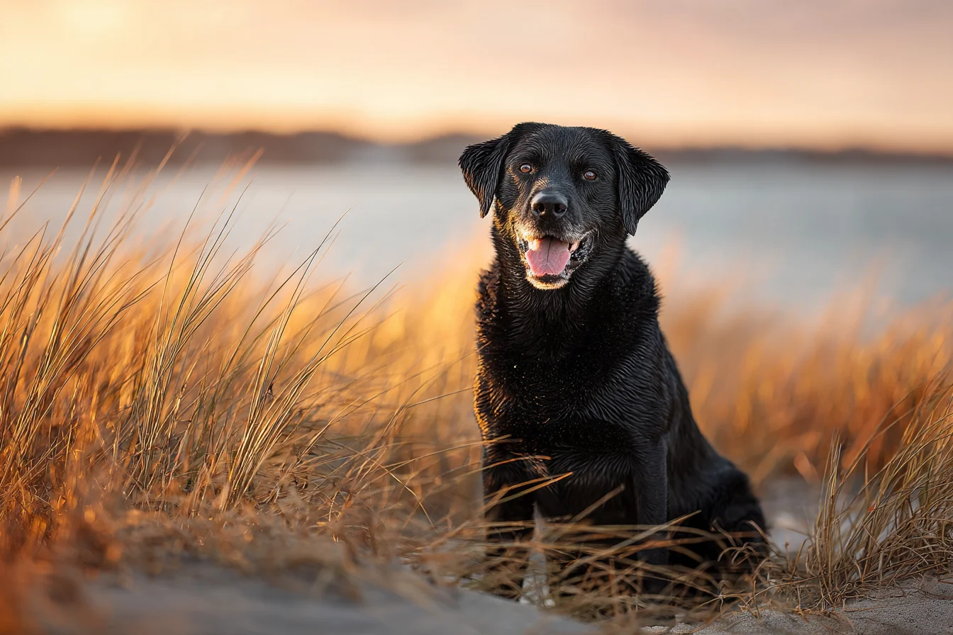 Happy black labrador sitting in dune grass by the water at sunset on the South Shore
